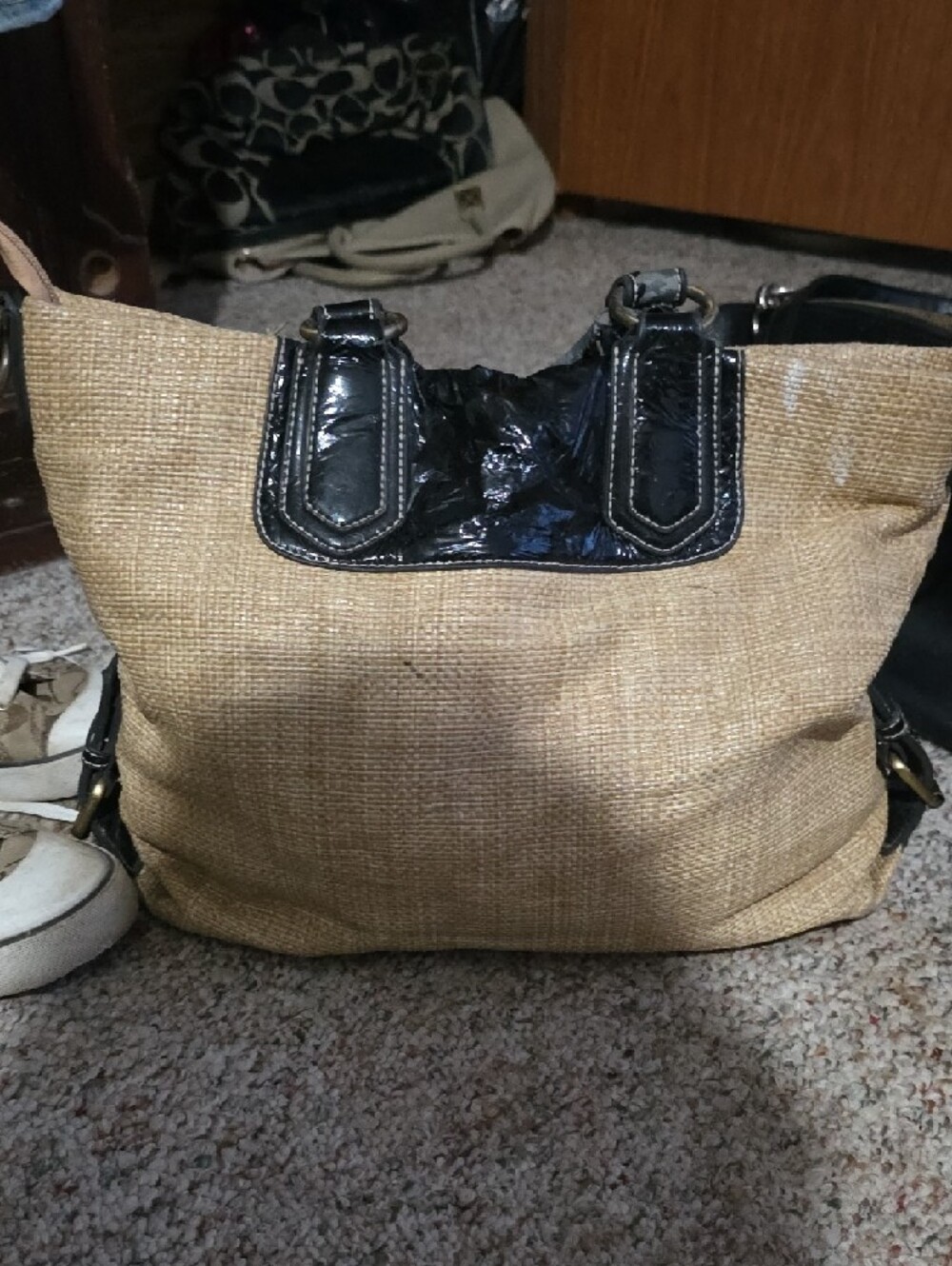 Coach  White  and Tan Logo Canvas Tote with Black Trim ( These Needs Repairs) - Picture 2 of 10